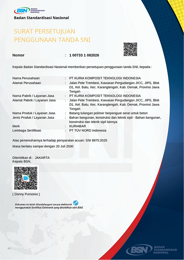 Surat Persetujuan Penggunaan Tanda SNI untuk Kuria Bar dari Badan Standardisasi Nasional